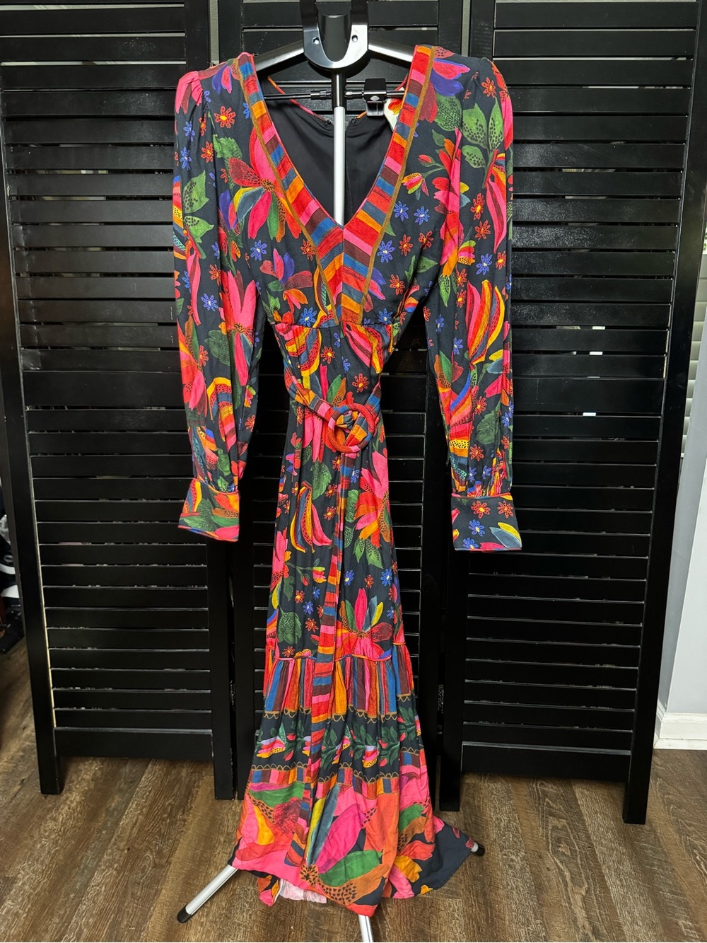 FARM Rio Black Maxi Dress with Pink, Orange & Green Floral Print